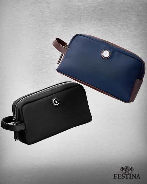 Toiletry Bag Button Navy & Brown - 1